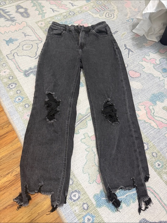 Risen Jeans Denim - Washed Black Straight Leg Distressed Women's Jeans